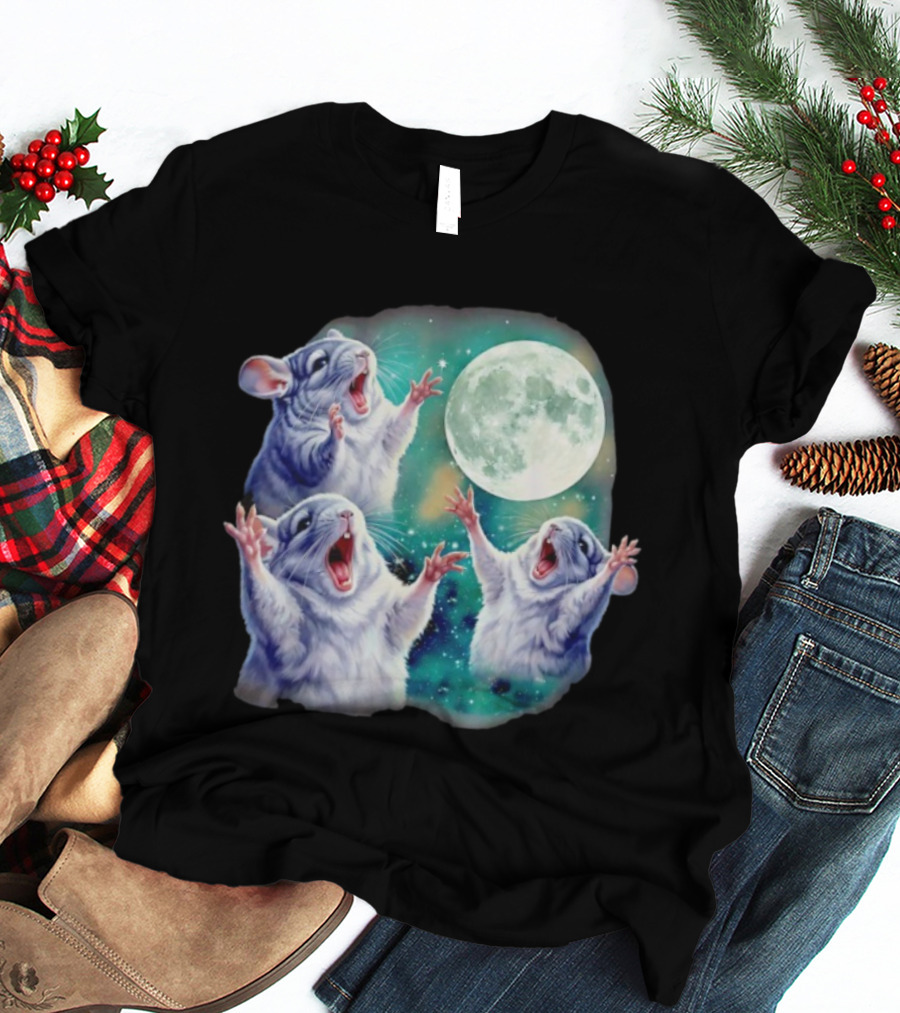 Three Chinchillas Howling At The Moon Cute Animal Meme Funny Rodent Lunar Scene T-Shirt
