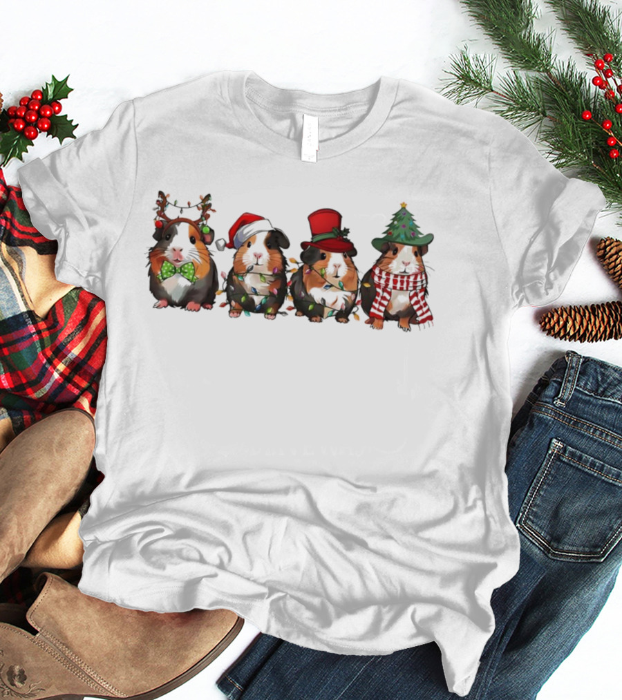 Guinea Pigs In Christmas Reindeer Santa Hats Tree Lights Holiday Theme T-Shirt
