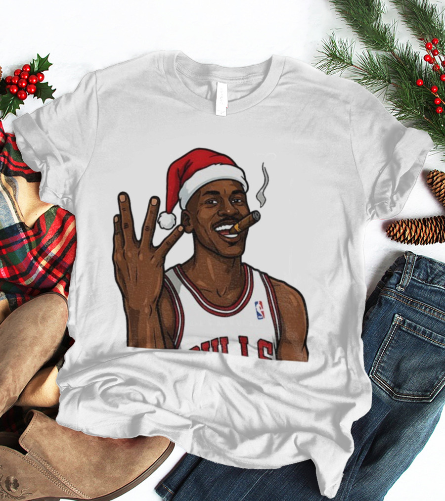 Michael Jordan Chicago Bulls Christmas Smoking Cigar Santa Hat T-Shirt