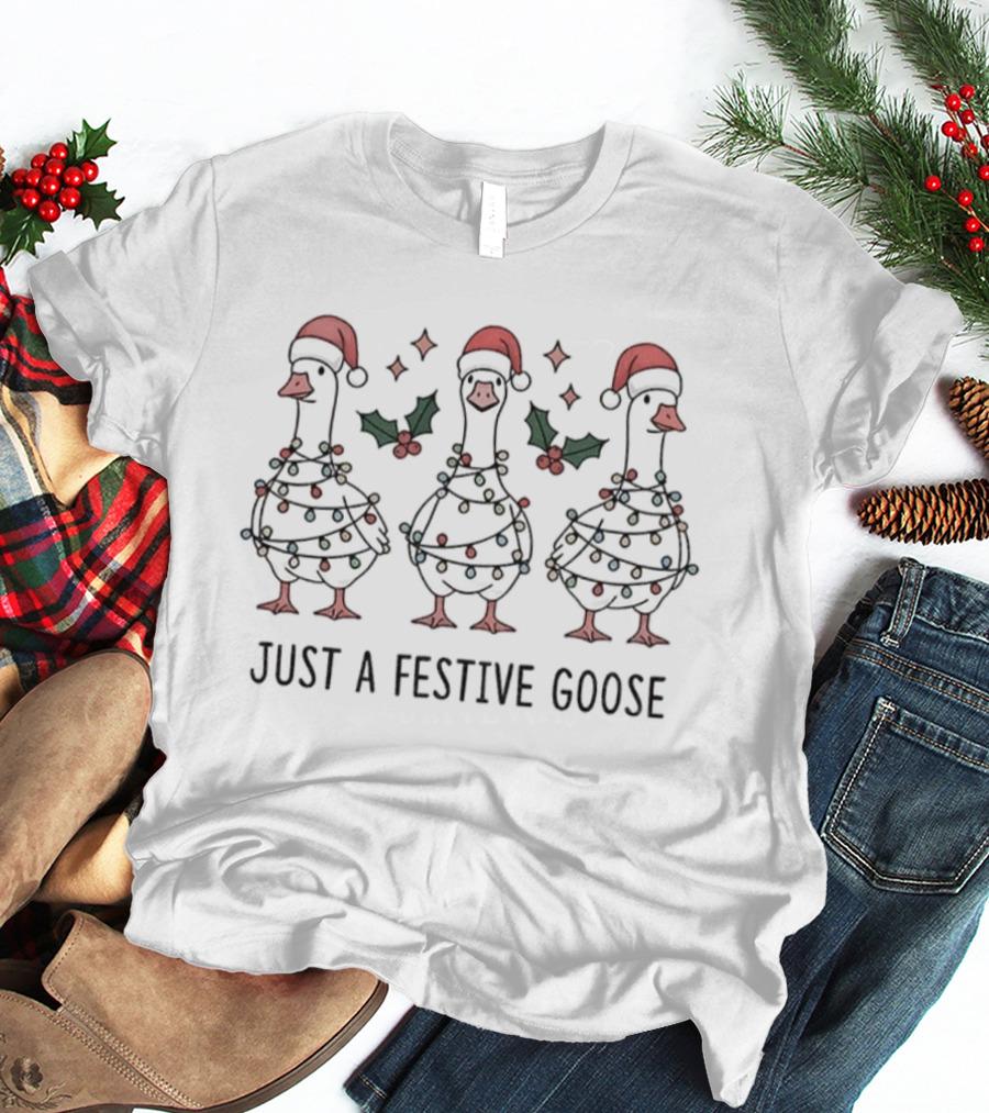 Festive Santa Hat Goose Wrapped In Christmas Lights Holiday Humor T-Shirt