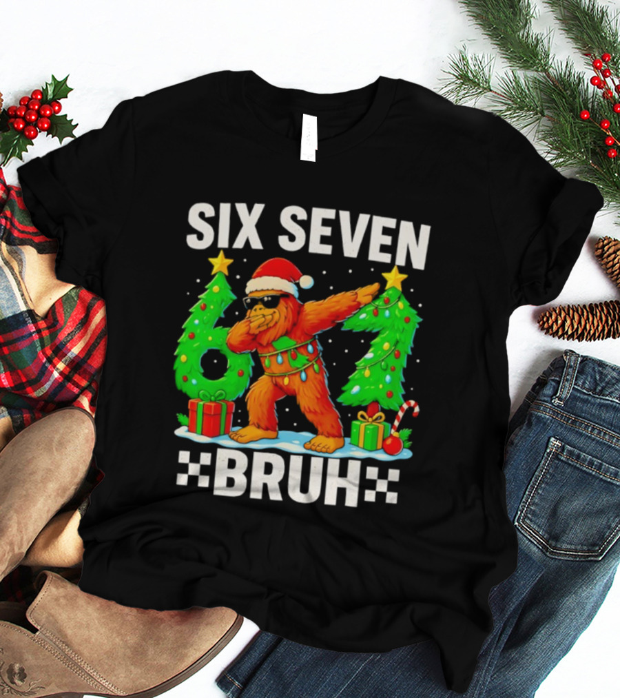 Six Seven Bigfoot Santa Dabbing Bruh Christmas Funny T-Shirt