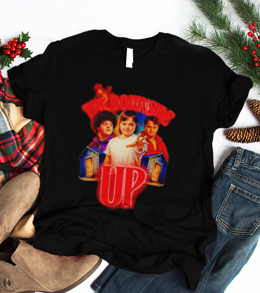 The Downside Up Stranger Things Meme Parody With Character Trio And Cabins T-Shirt