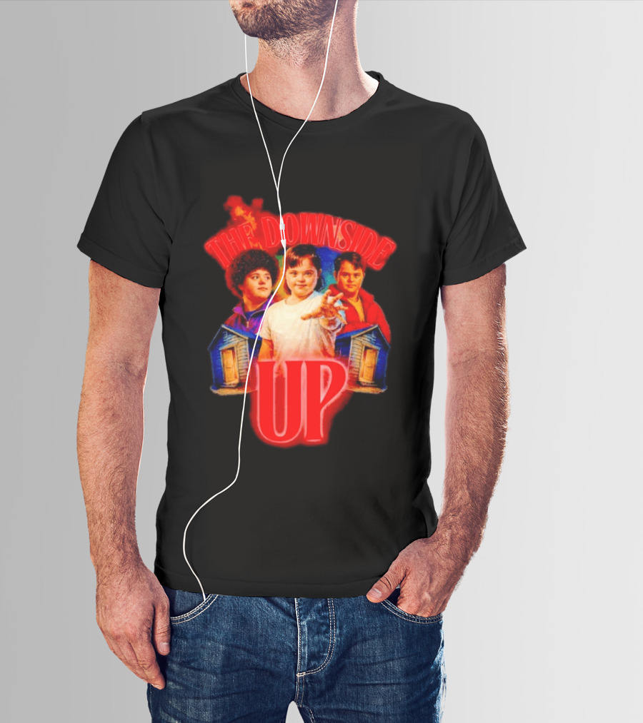 The Downside Up Stranger Things Meme Parody With Character Trio And Cabins T-Shirt