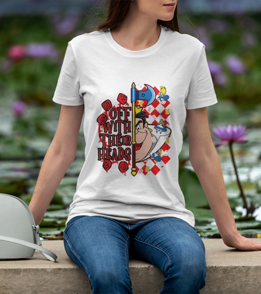 Off With Their Heads Queen Hearts Alice In Wonderland Axe Chessboard Cartoon T-Shirt