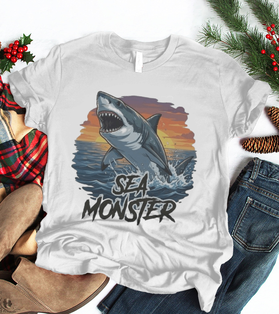 Rawwfishing Sea Monster Shark Sunset Ocean Scene T-Shirt