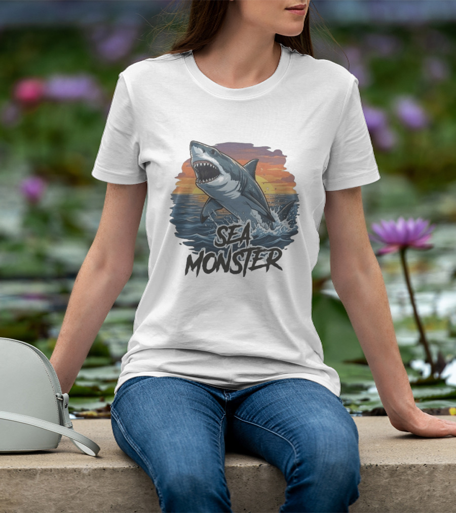 Rawwfishing Sea Monster Shark Sunset Ocean Scene T-Shirt