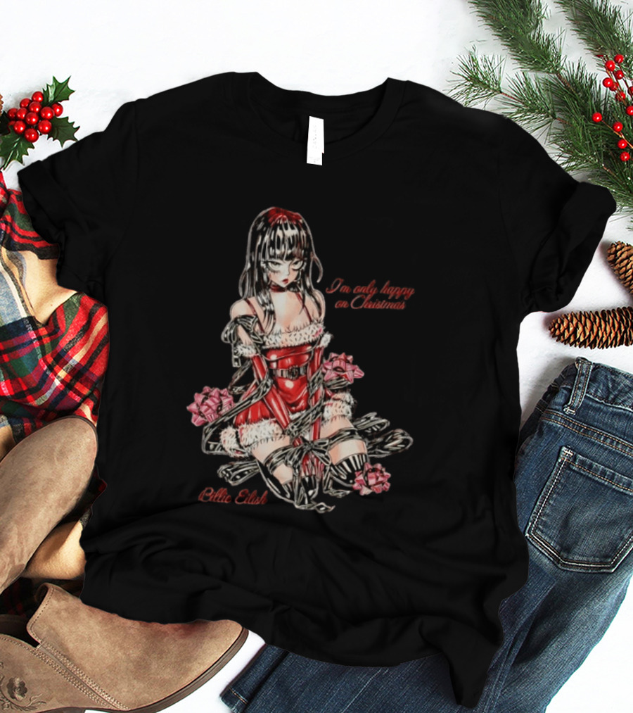 Billie Eilish I'm Only Happy On Christmas Red Outfit Wrapping Ribbon T-Shirt