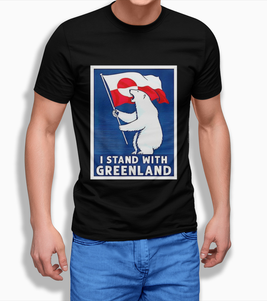 I Stand With Greenland Polar Bear Holding Flag Solidarity Banner T-Shirt
