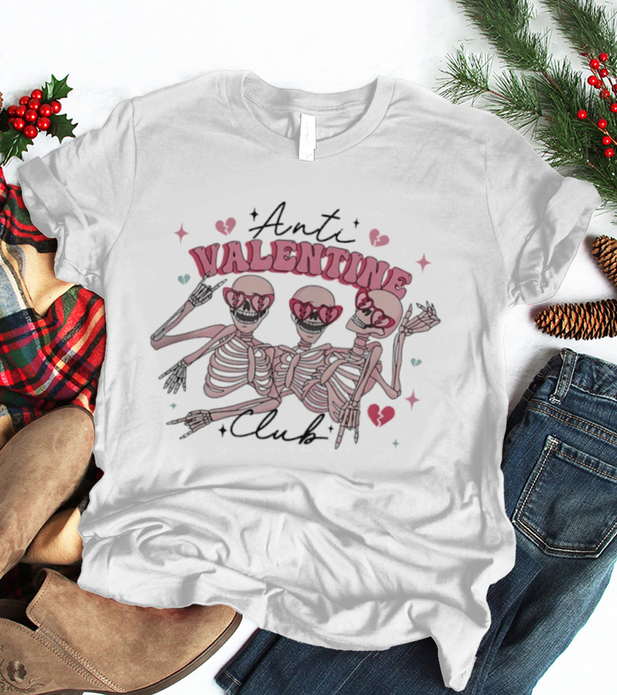 Anti Valentine Club Three Pink Skeletons Dancing Rock And Roll T-Shirt