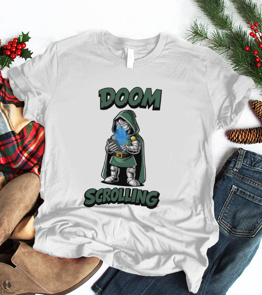 Doom Scrolling Dr Doom Comic Character With Phone T-Shirt