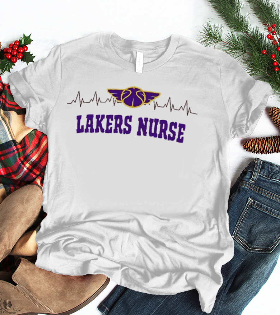 Los Angeles Lakers Nurse Appreciation With Heartbeat Basketball Wings T-Shirt