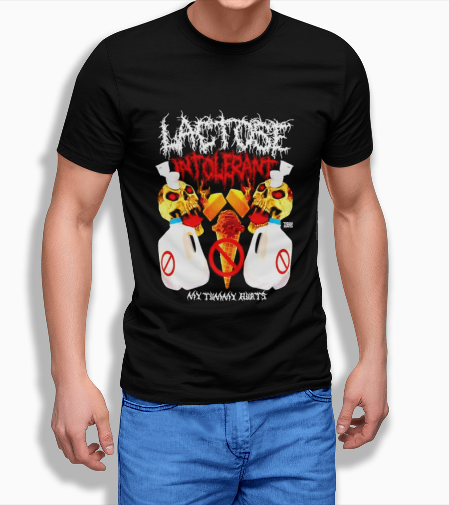 Lactose Intolerant Skulls Milk Jugs No Ice Cream My Tummy Hurts T-Shirt