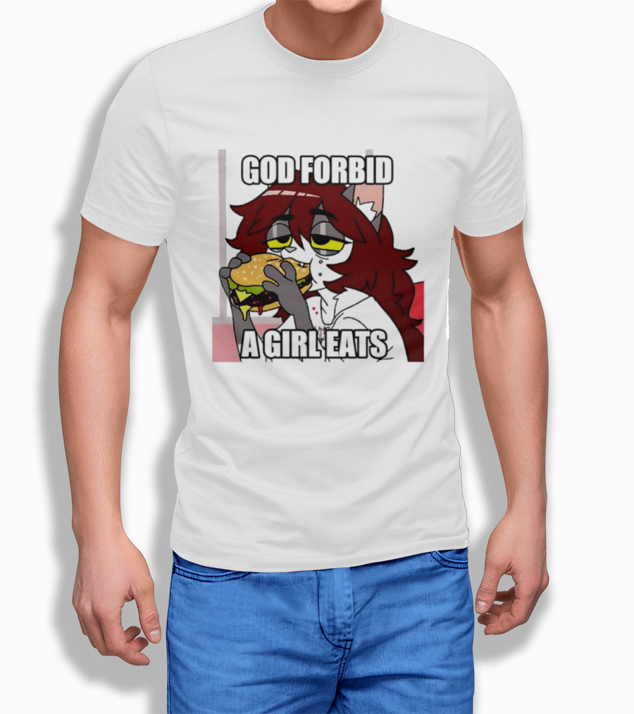 God Forbid A Girl Eats Lazy Cartoon Character Eating Burger T-Shirt