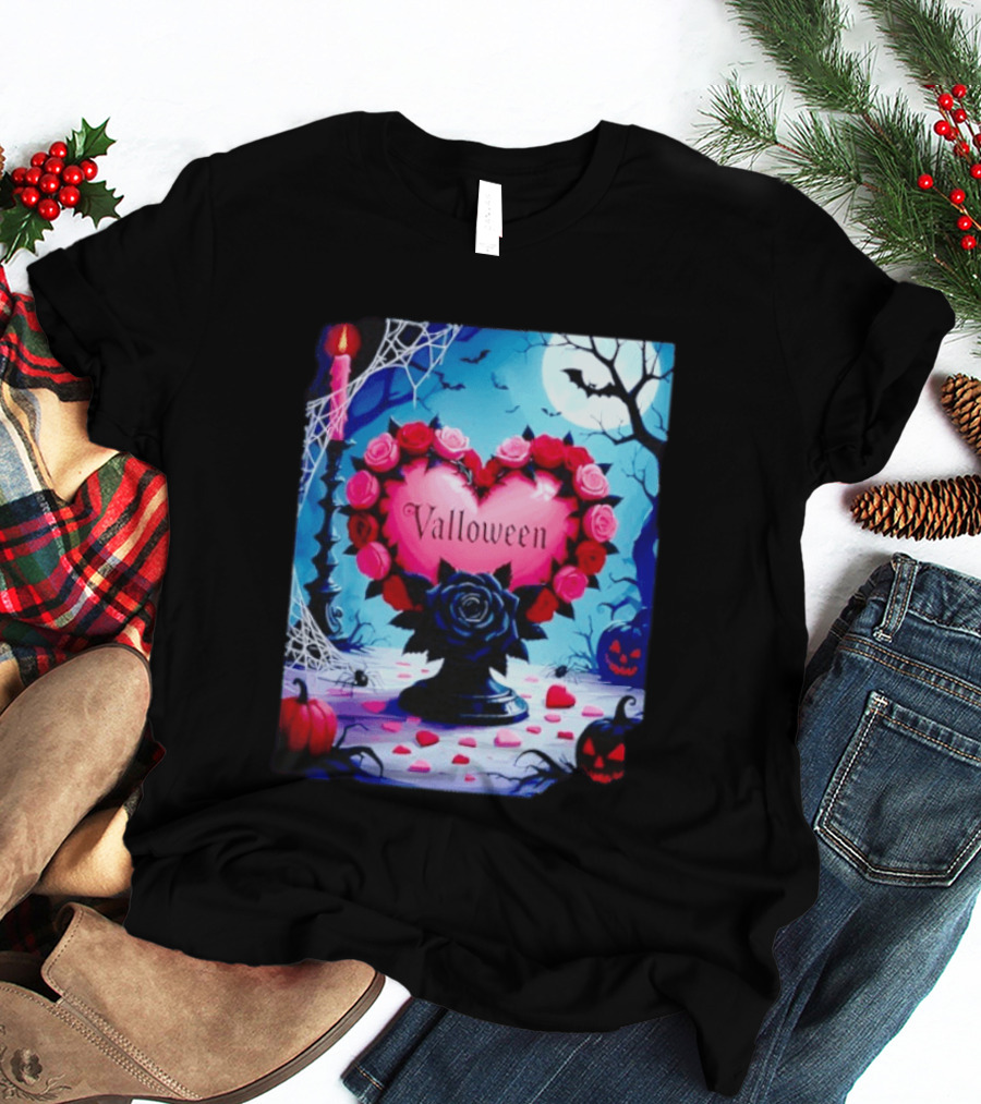 Valloween Romance And Menace Heart Rose Candle Moonlit Halloween T-Shirt