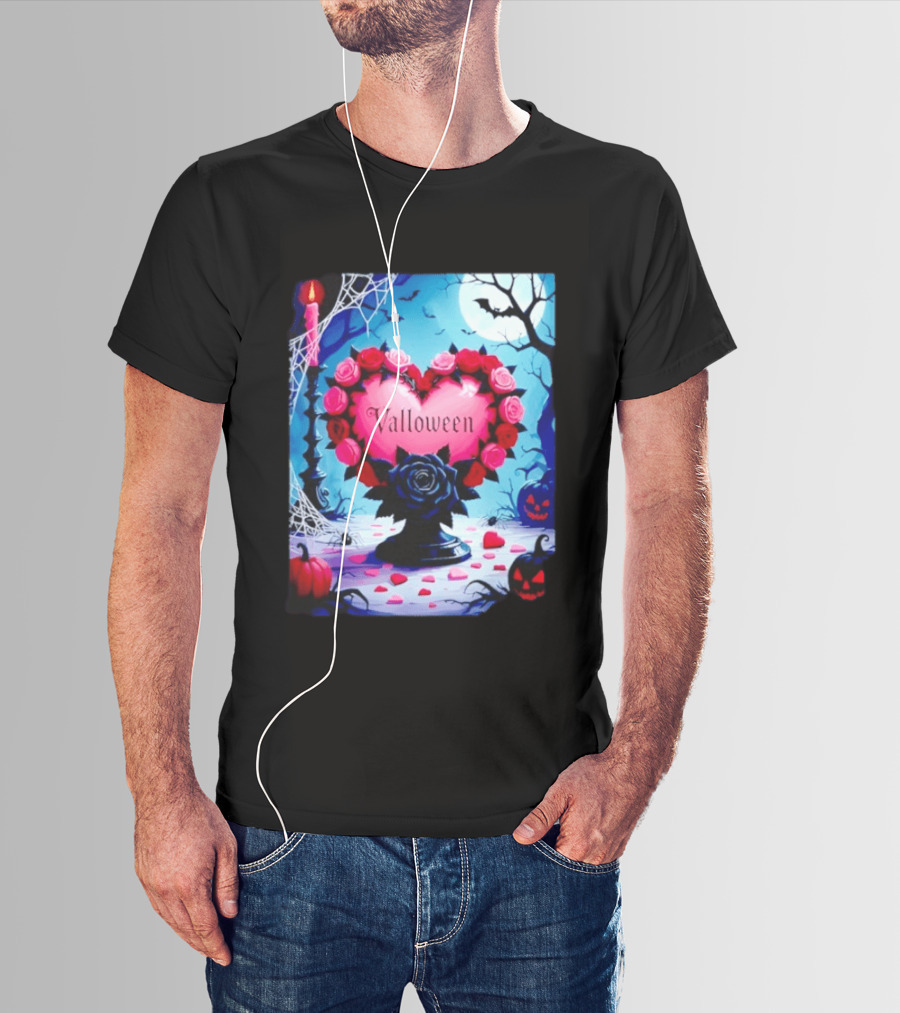 Valloween Romance And Menace Heart Rose Candle Moonlit Halloween T-Shirt