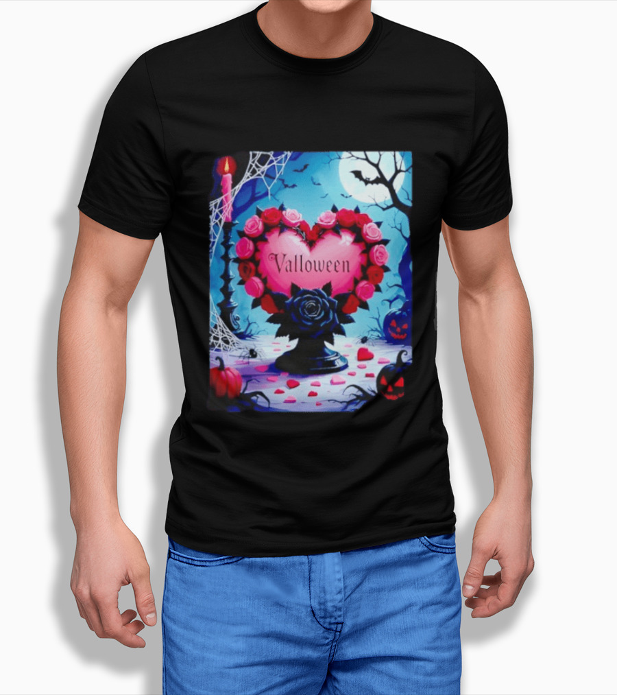 Valloween Romance And Menace Heart Rose Candle Moonlit Halloween T-Shirt