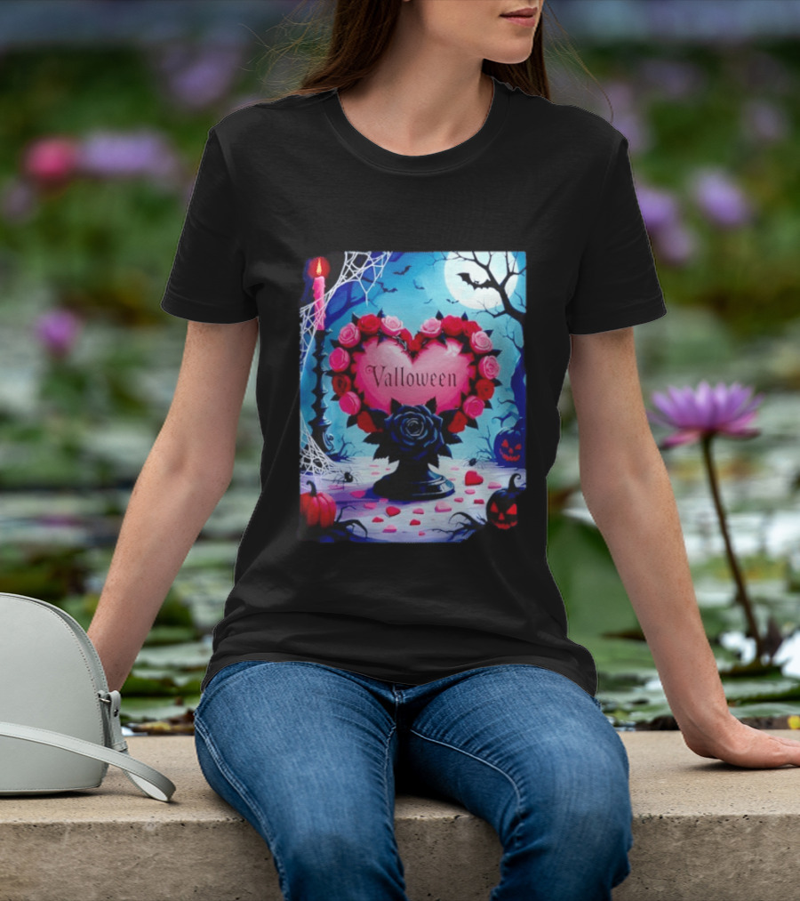 Valloween Romance And Menace Heart Rose Candle Moonlit Halloween T-Shirt