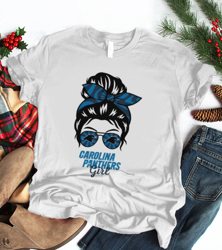 Carolina Panthers Girl Messy Bun Glasses Blue Bow Fan T-Shirt