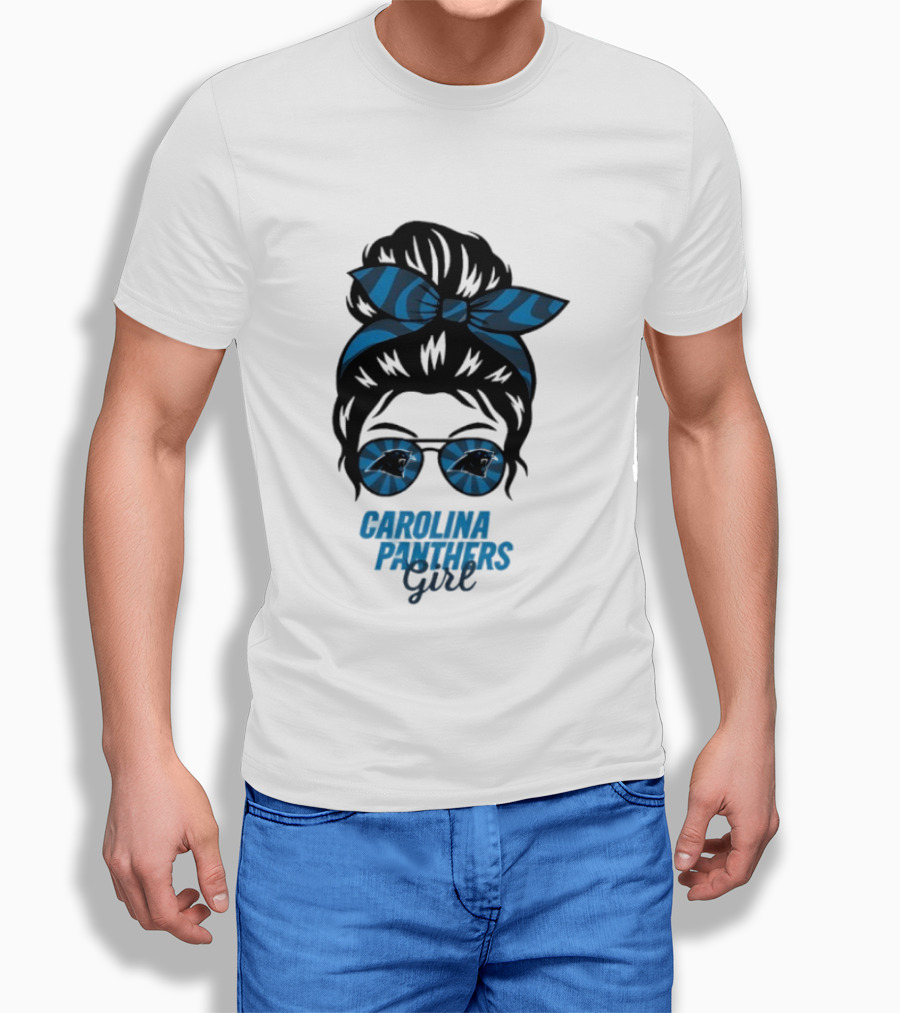 Carolina Panthers Girl Messy Bun Glasses Blue Bow Fan T-Shirt