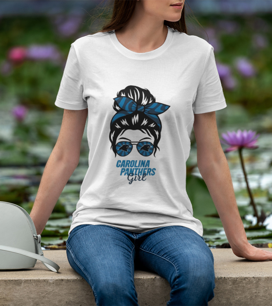 Carolina Panthers Girl Messy Bun Glasses Blue Bow Fan T-Shirt
