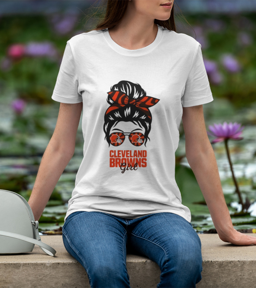 Cleveland Browns Fan Messy Bun Sunglasses T-Shirt