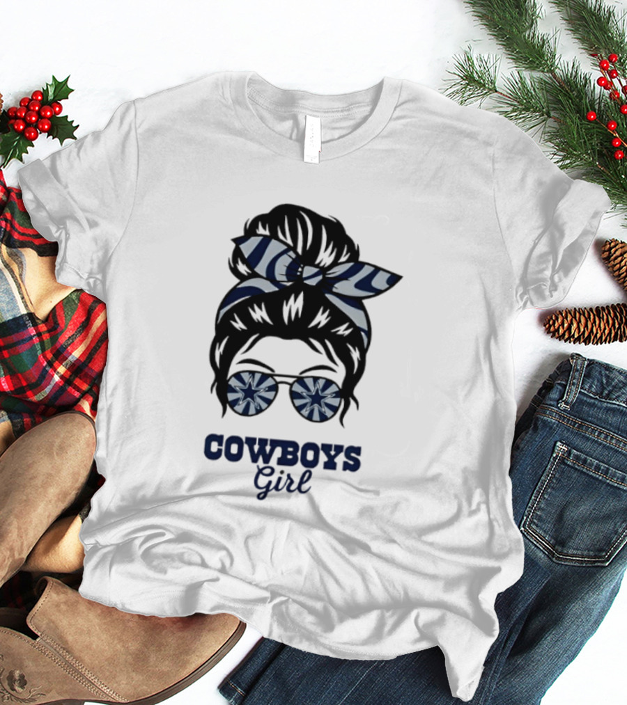 Dallas Cowboys Girl Messy Bun With Glasses And Star T-Shirt