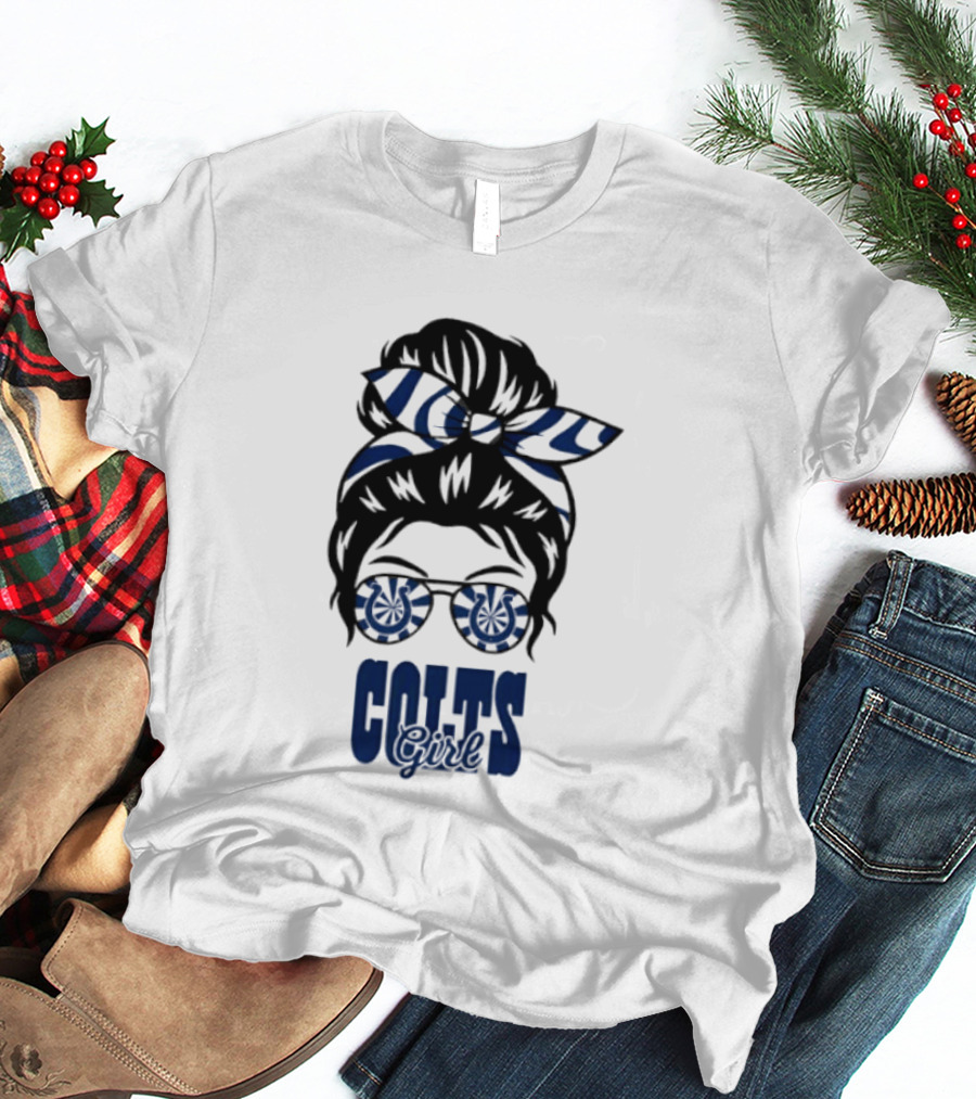Indianapolis Colts Fan Messy Bun Glasses T-Shirt