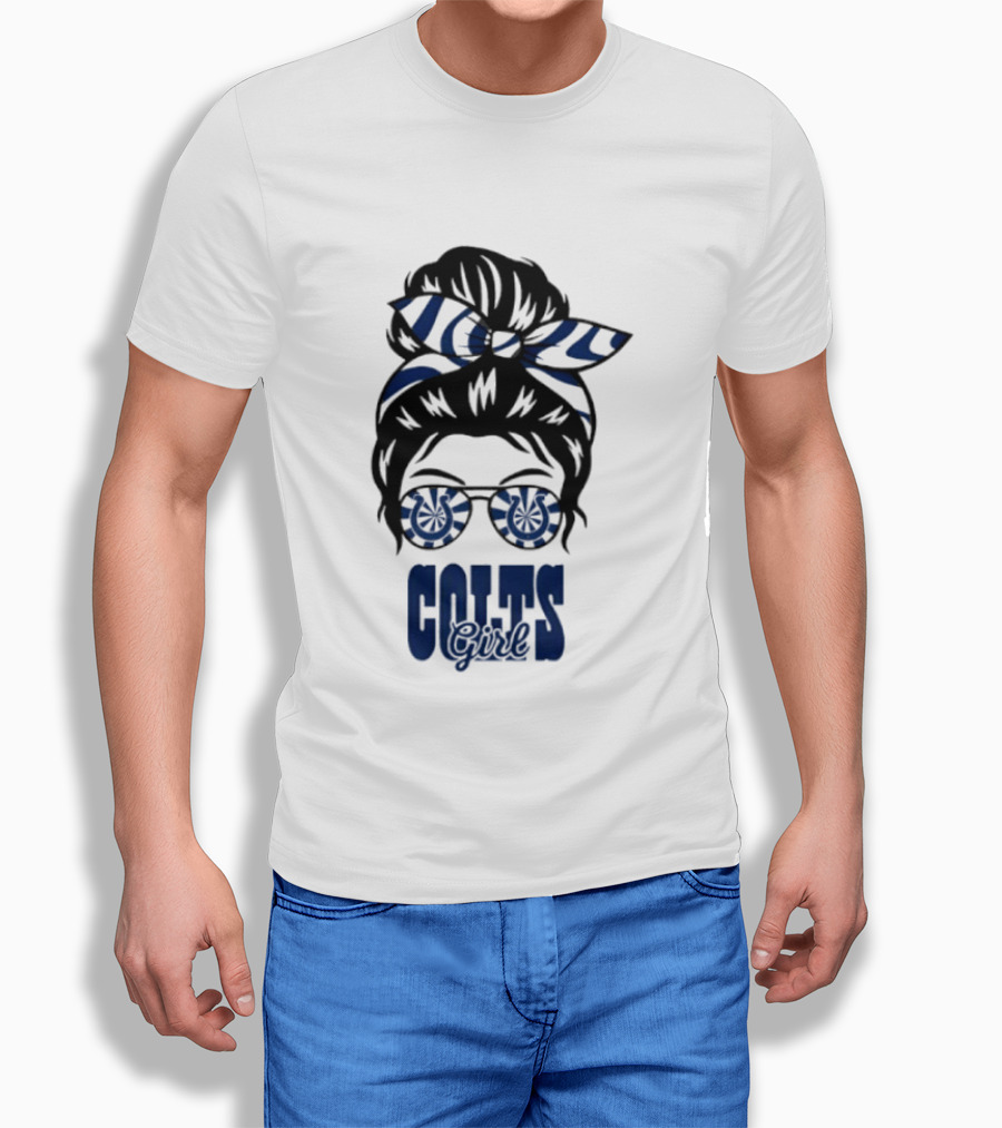 Indianapolis Colts Fan Messy Bun Glasses T-Shirt