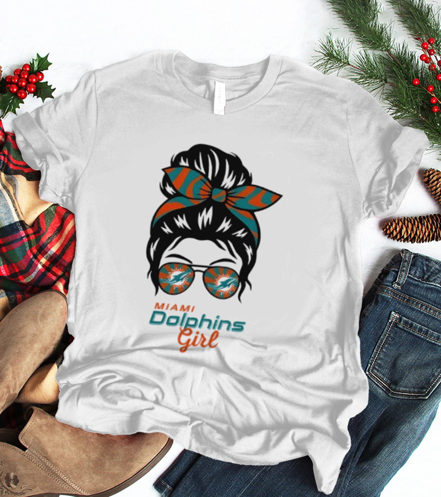 Miami Dolphins Girl Messy Bun Glasses Bow Fan Merchandise T-Shirt