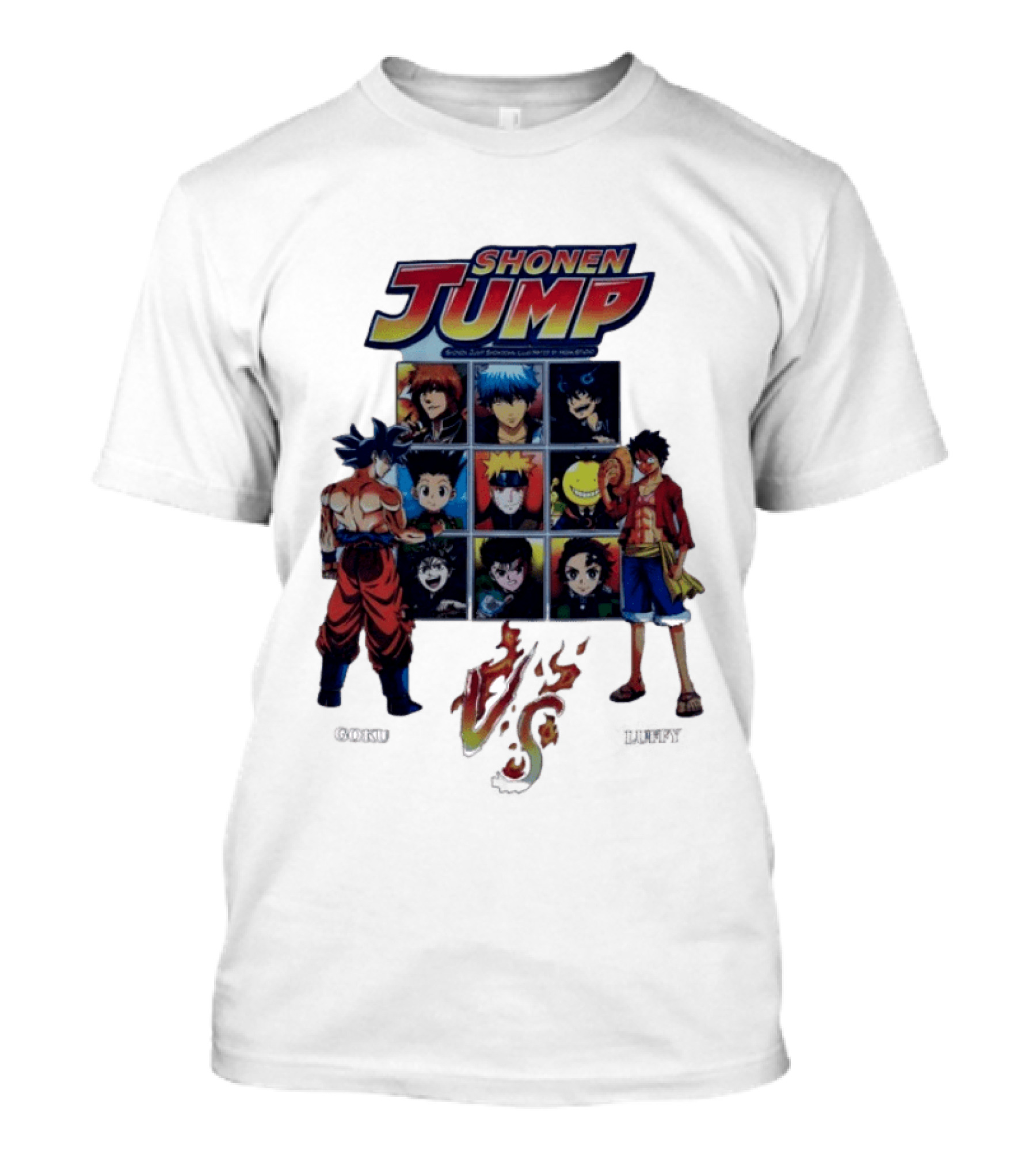 Shonen Jump Goku Luffy Anime Crossover Naruto One Piece Classic Manga Characters T-Shirt