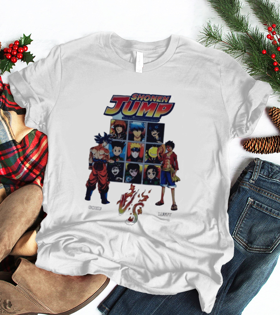 Shonen Jump Goku Luffy Anime Crossover Naruto One Piece Classic Manga Characters T-Shirt