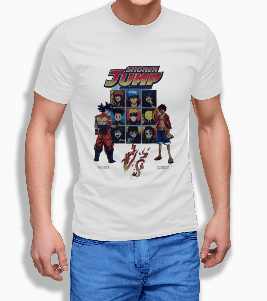 Shonen Jump Goku Luffy Anime Crossover Naruto One Piece Classic Manga Characters T-Shirt