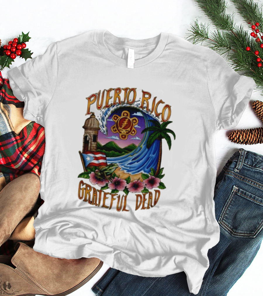 Puerto Rico Grateful Dead Tropical Wave With Hibiscus And Flag T-Shirt