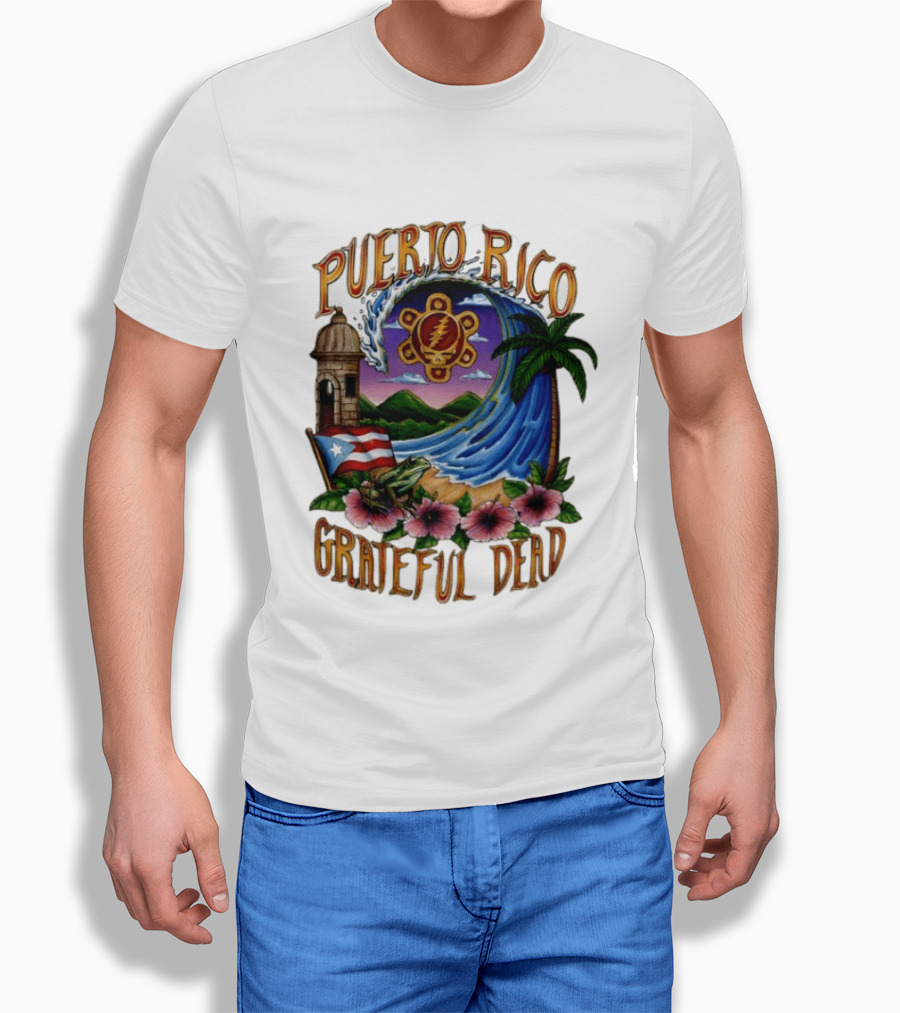 Puerto Rico Grateful Dead Tropical Wave With Hibiscus And Flag T-Shirt