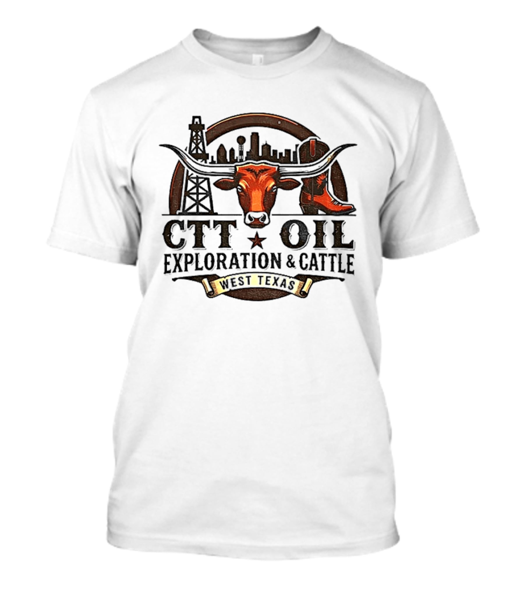 West Texas Longhorns CTT Oil Exploration And Cattle Skyline And Boot T-Shirt