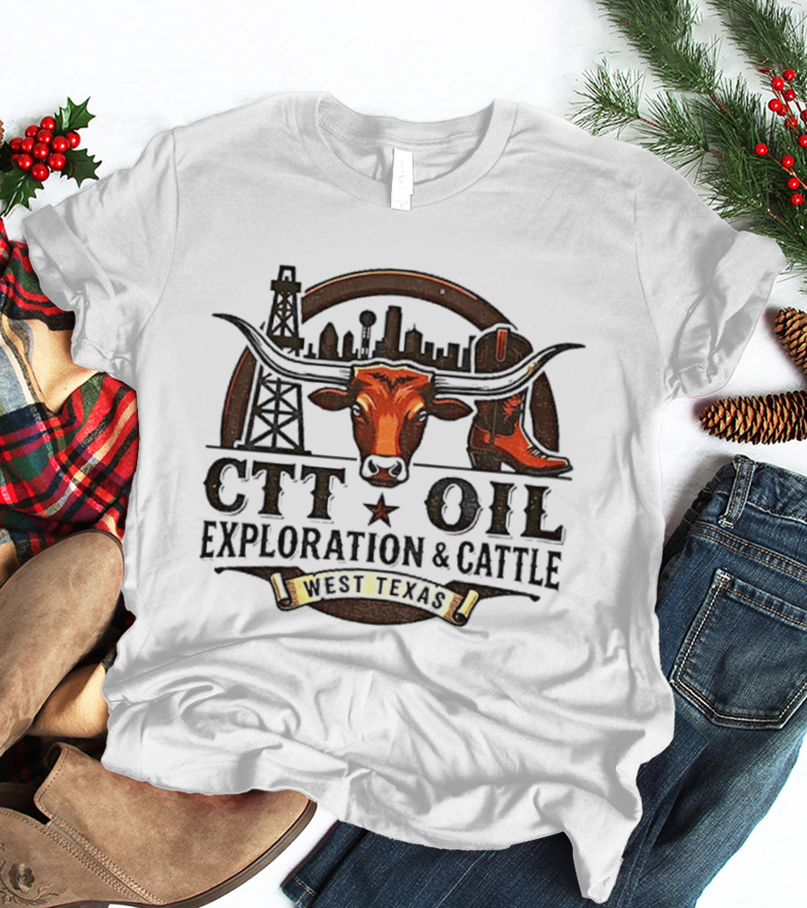 West Texas Longhorns CTT Oil Exploration And Cattle Skyline And Boot T-Shirt