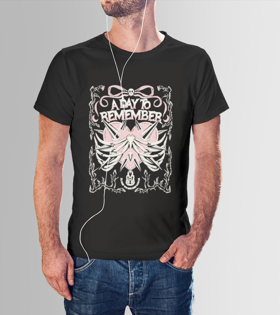 A Day To Remember Spiked Heart Pink Bow Skull Ribcage T-Shirt