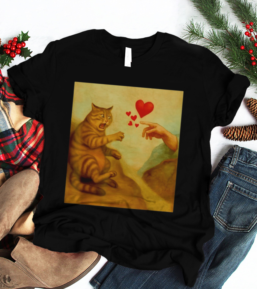 Cat Swatting God's Hand Surrounded By Hearts T-Shirt