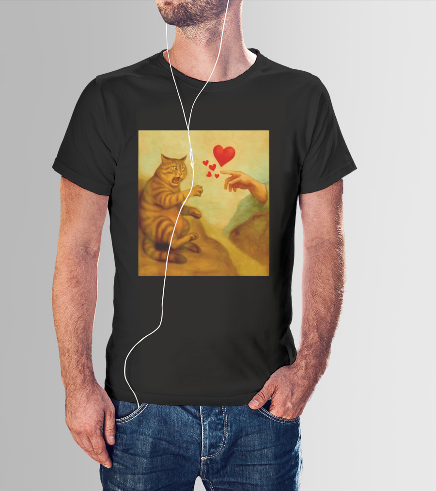 Cat Swatting God's Hand Surrounded By Hearts T-Shirt