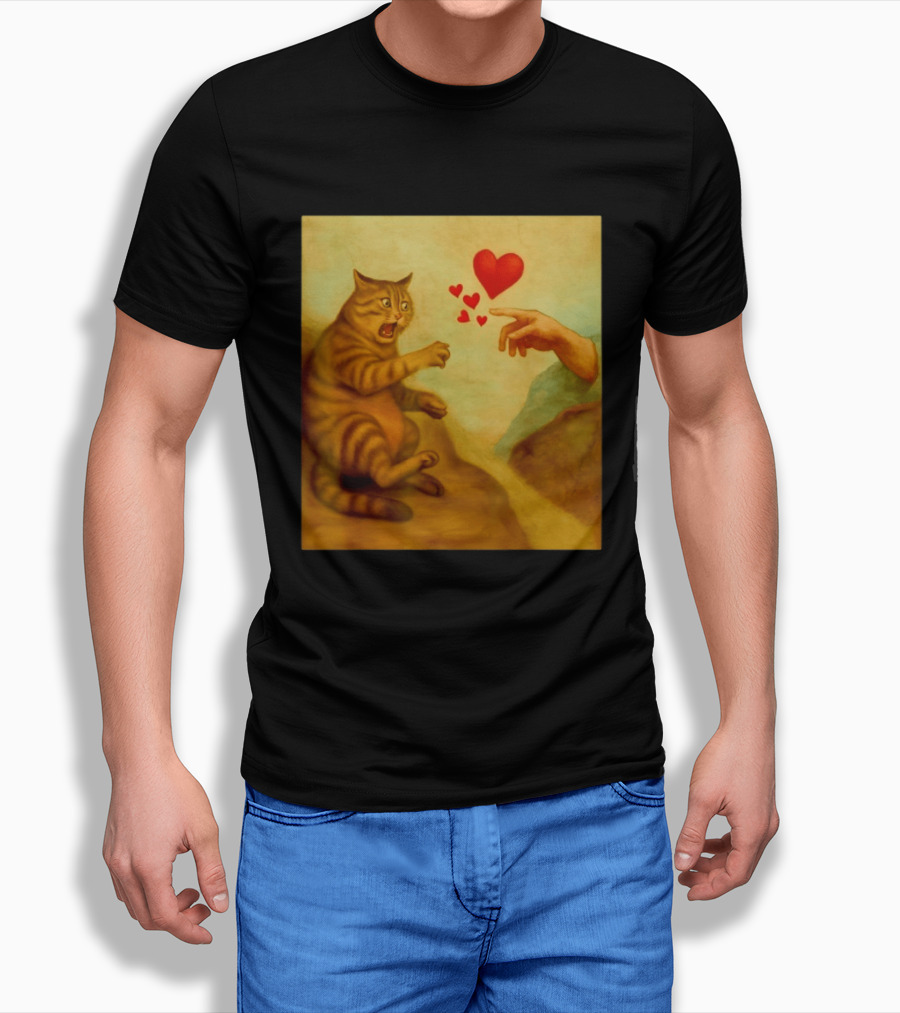 Cat Swatting God's Hand Surrounded By Hearts T-Shirt