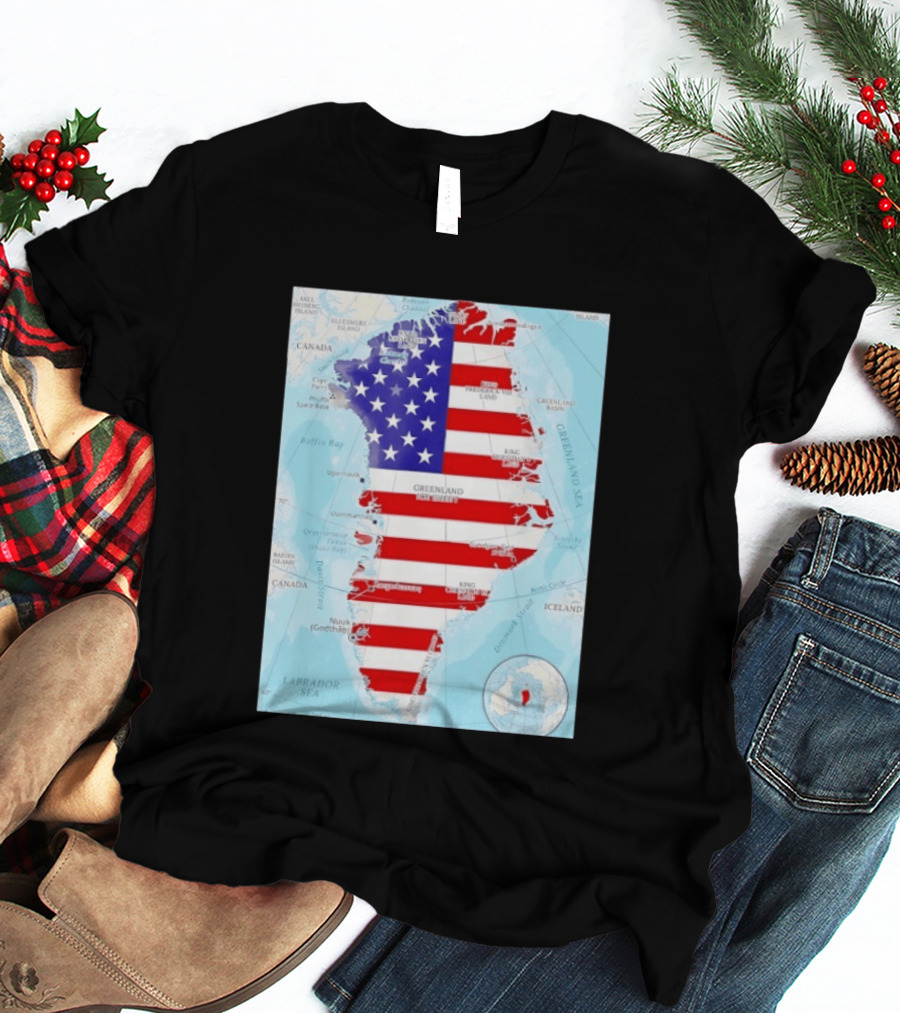 USA Flag Over Greenland Map American Patriot T-Shirt