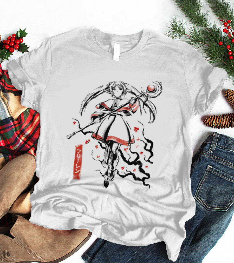 Frieren Beyond Journey's End The Eternal Mage Sumi E Style Magic Staff Blossoms T-Shirt