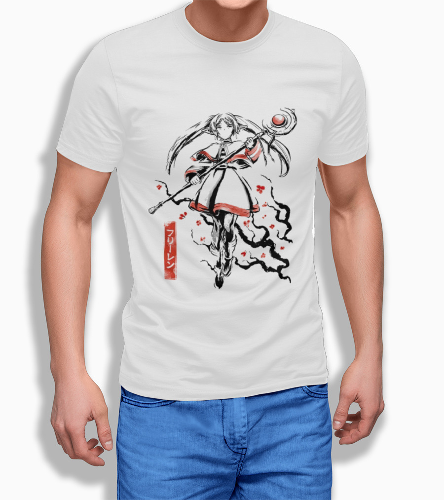 Frieren Beyond Journey's End The Eternal Mage Sumi E Style Magic Staff Blossoms T-Shirt