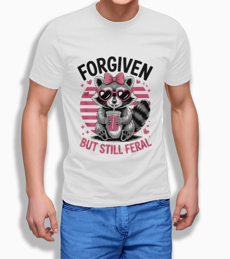 Forgiven But Still Feral Raccoon With Heart Glasses And Bow T-Shirt
