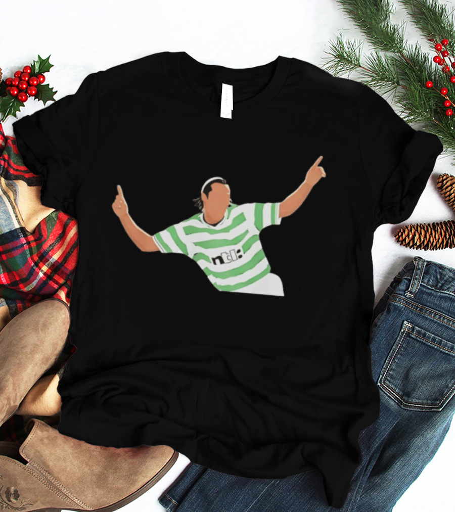 Henrik Larsson Celebrating In Celtic FC Hoops With Ntl Sponsorship T-Shirt