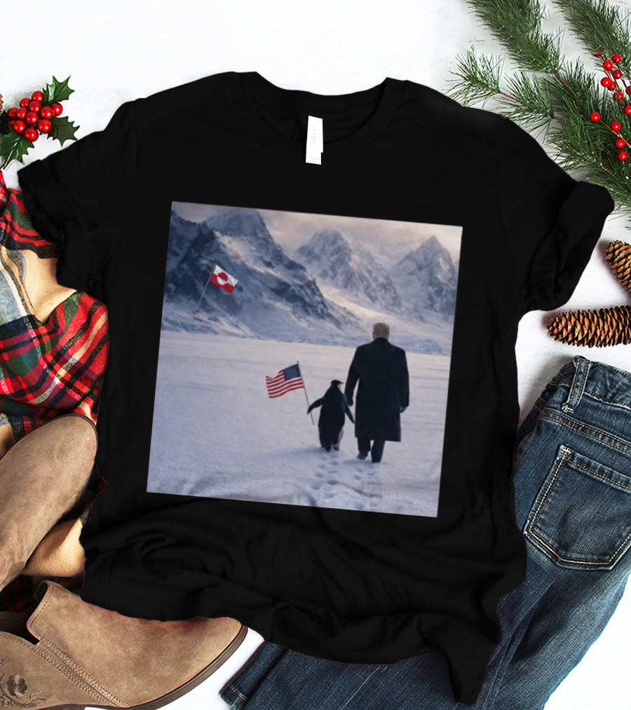 Nihilist Penguin Walking With Trump Antarctica American Flag Greenland Flag T-Shirt