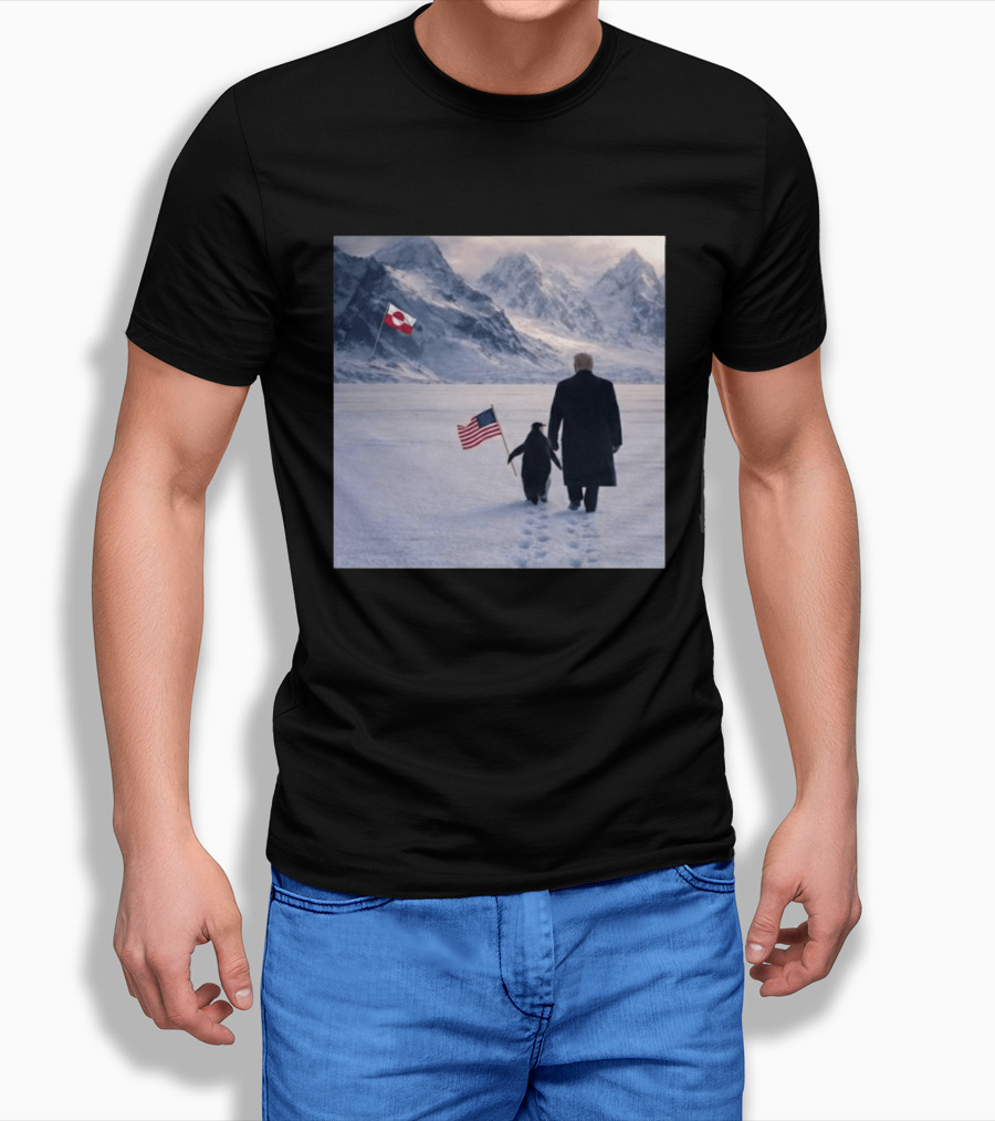 Nihilist Penguin Walking With Trump Antarctica American Flag Greenland Flag T-Shirt