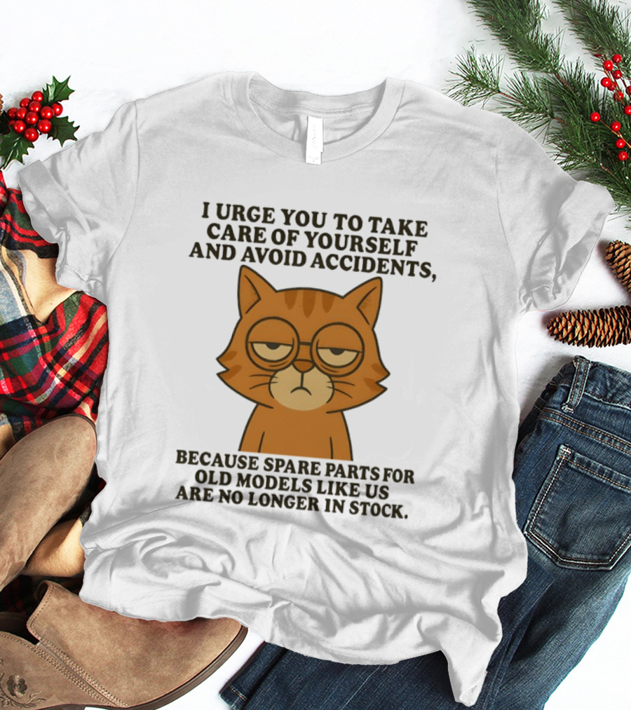 Sad Orange Cat I Urge You To Take Care Of Yourself And Avoid Accidents Spare Parts For Old Models No Longer In Stock T-Shirt