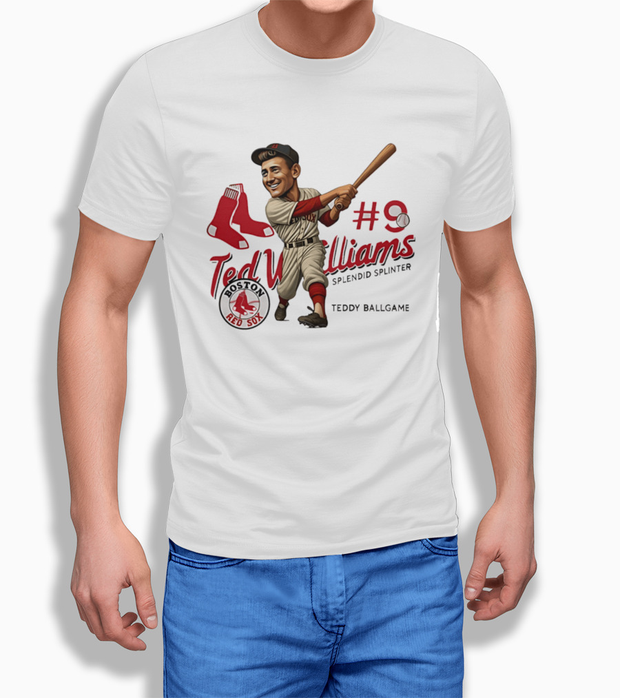 Ted Williams Boston Red Sox Splendid Splinter #9 Teddy Ballgame Caricature T-Shirt