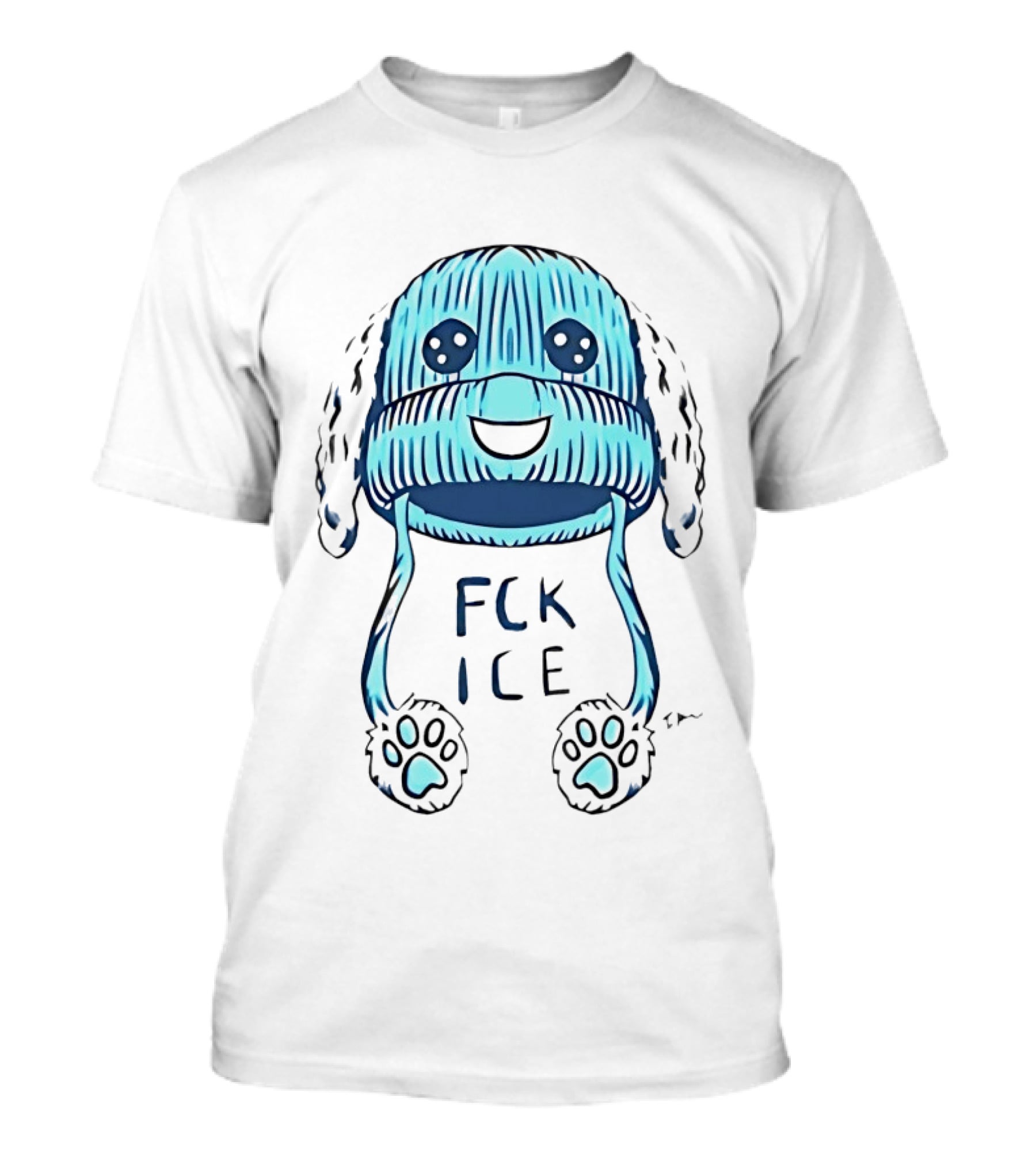 FCK ICE Blue Winter Hat Cartoon With Paw Prints T-Shirt